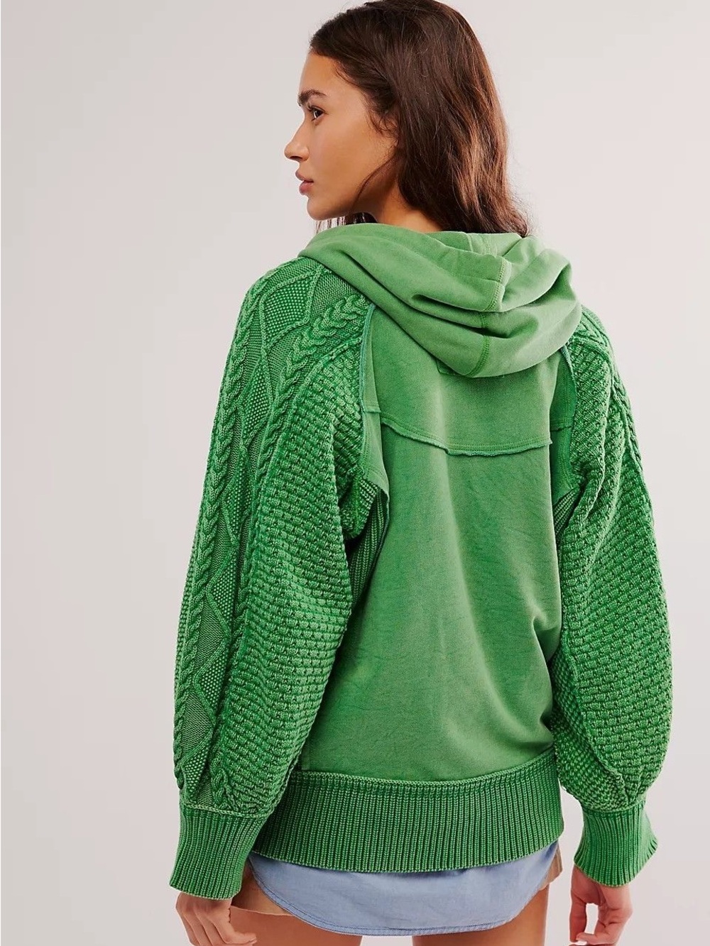Free People We The Free Green Cable-Sleeve Half-Zip Hoodie - Small - Picture 2 of 5